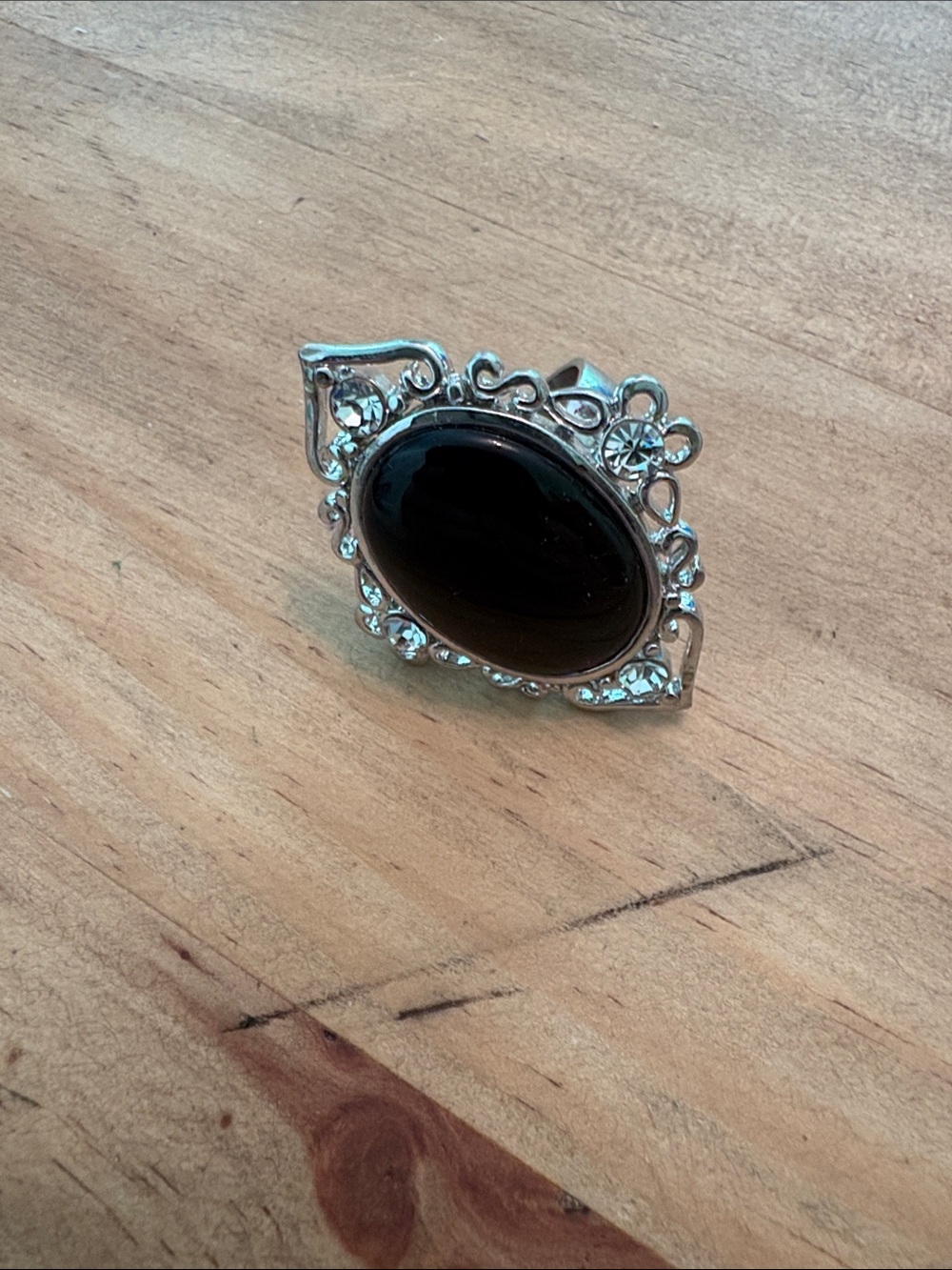 belk Silver-Tone Ring with Black Oval Cabochon